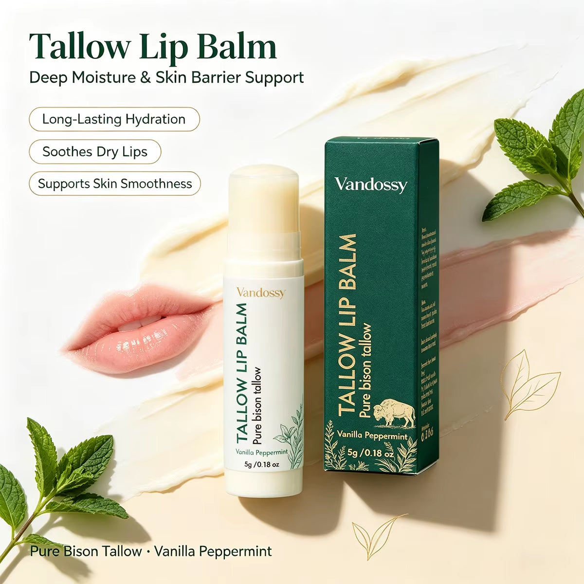 Grass Fed Organic Beef Tallow Lip Balm Stick-Waterproof Herbal Moisturizer 5G