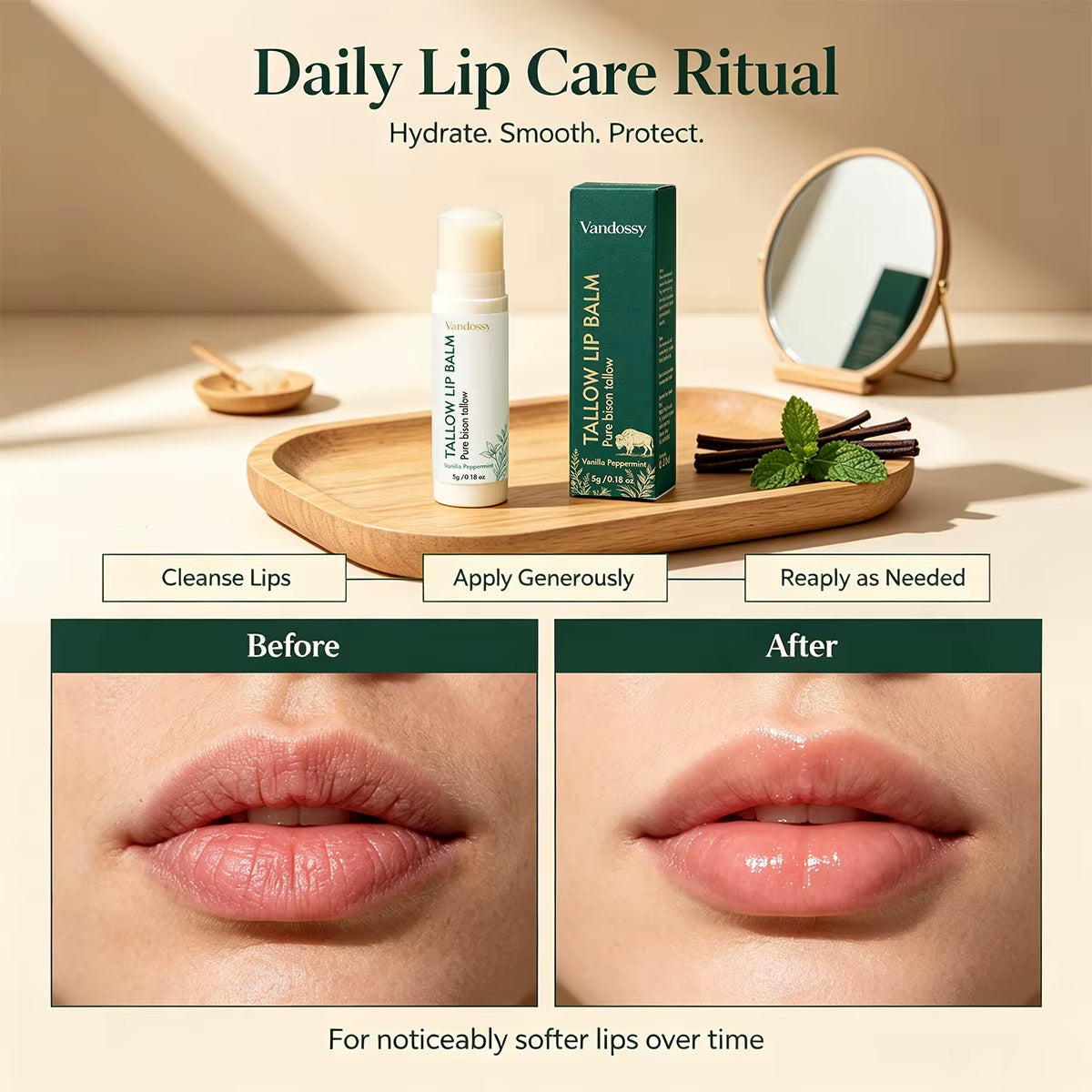 Grass Fed Organic Beef Tallow Lip Balm Stick-Waterproof Herbal Moisturizer 5G