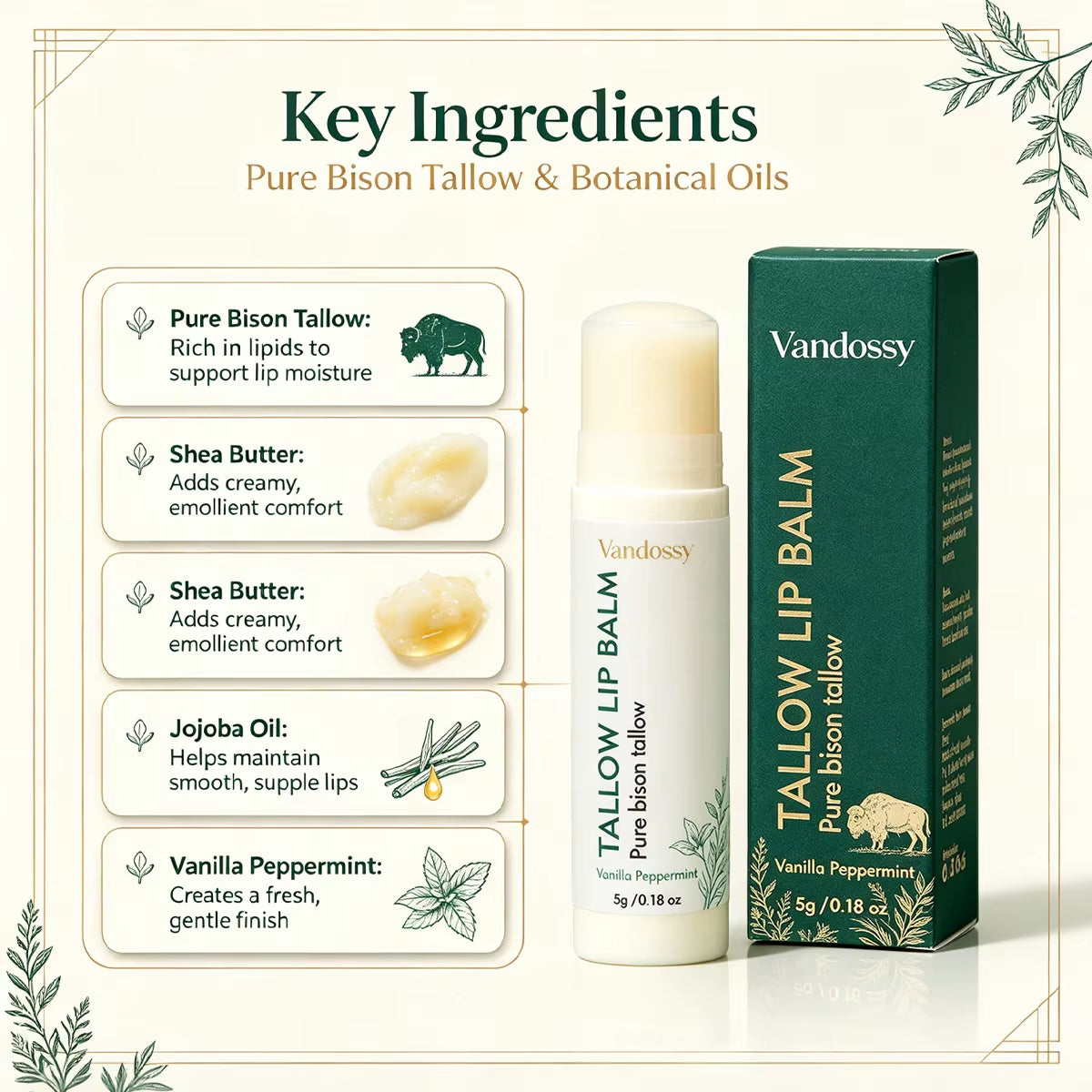 Grass Fed Organic Beef Tallow Lip Balm Stick-Waterproof Herbal Moisturizer 5G